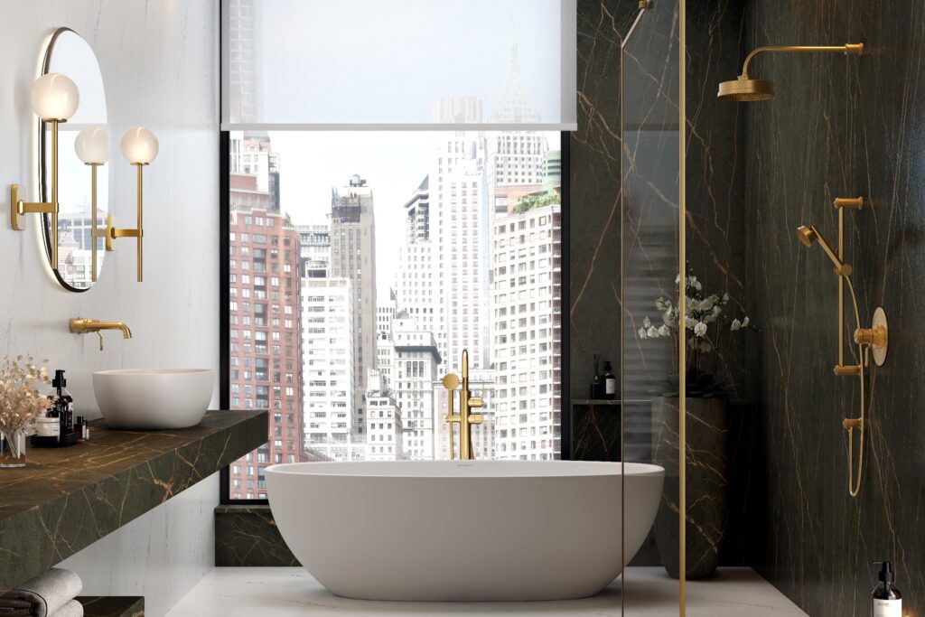 製品詳細：Perrin & Roweの「アームストロング（Armstrong）」立水栓・シャワーセット（サテンブラス）とvictoria+albertバスタブのコーディネート。[型番：3660 / Armstrong Shower Set 1]