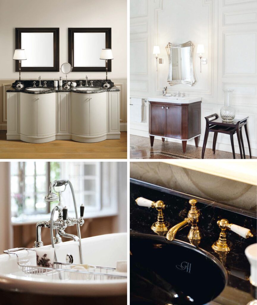 製品展開：大理石と天然木の質感が調和したダブル洗面台「Boston 200」や、木工技術と真鍮の取っ手が光る「Adelaide」。さらに、アンティークな佇まいの「Mayfair」バス水栓や「Berkeley」洗面水栓など、英国の気品を体現する製品群。