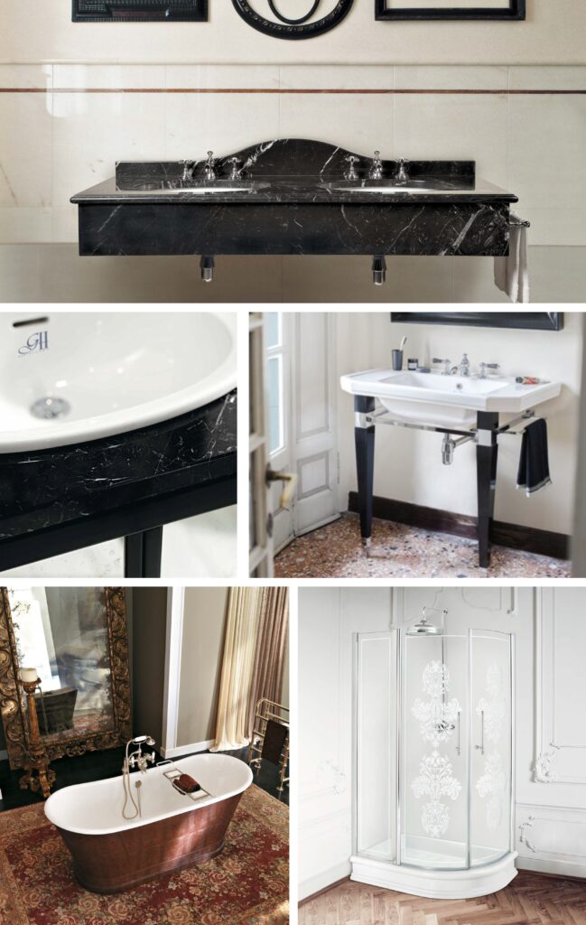 製品展開：白黒の大理石が圧倒的な存在感を放つ壁付け洗面台「Cambridge 2」、木製脚が端正な「Claremont」。レザーコーティングを施した鋳鉄製バスタブ「York」や、花柄の装飾を施した「Arcadia」シャワーなど、独創的な素材使いが光る逸品。