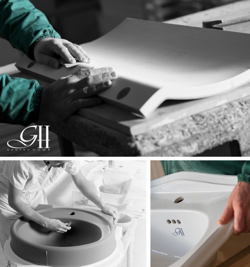 クラフトマンシップ：Gentry Homeの品質を支える職人の手仕事。厳選された天然木の精密な彫刻加工、滑らかな陶器の成形、そして細部に至るまでの厳しい品質管理工程を収めたアーカイブ画像。