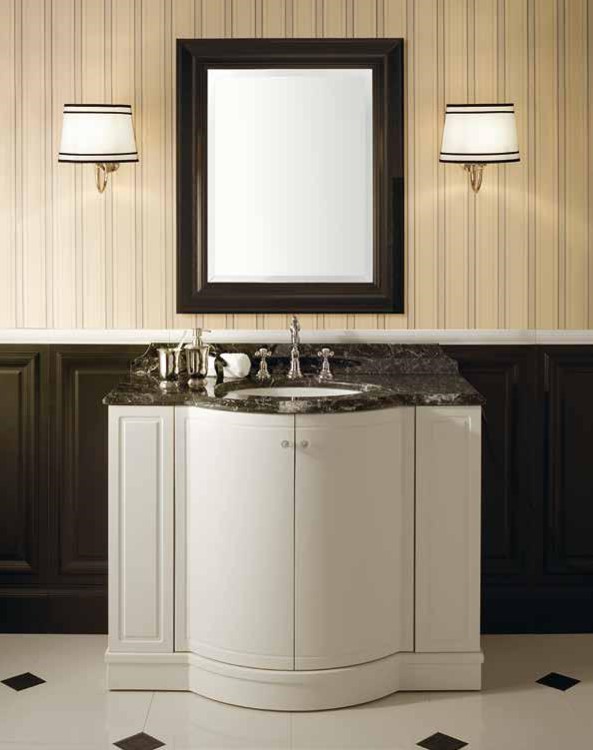 製品詳細：クラシックな木製収納と大理石天板が調和する「Boston 100」。シングル・ダブルのサイズ展開に加え、同デザインの収納棚もラインナップ。インテリアに馴染むアイボリーやグレーなど、豊富な本体カラーを選択可能。