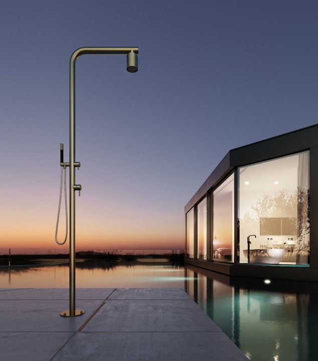 製品詳細:建築の枠を超え、屋外空間まで彩る「Archie」の屋外用シャワー。316ステンレス鋼の卓越した耐久性が、過酷な環境下でもその美しさを損なうことなく、自由で贅沢なシャワー体験を提供。