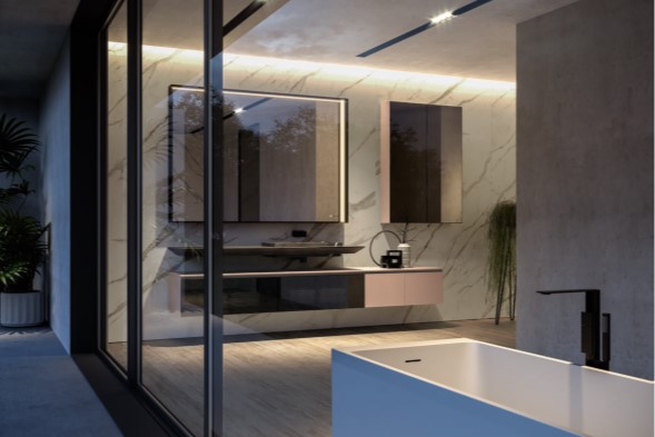 製品詳細：45度の精緻なカッティングが光る「Cubik」。異素材の組み合わせが独創的な洗面キャビネット・ユニット1〜26。