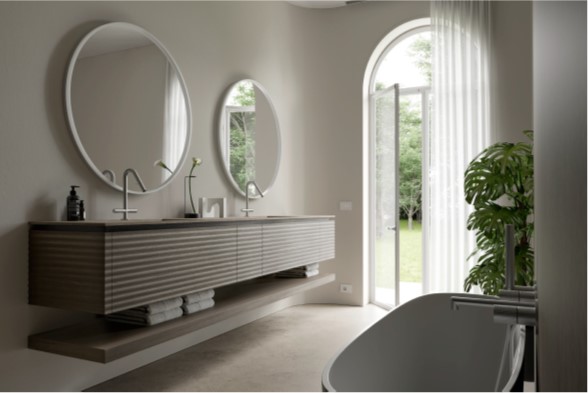 製品詳細：波打つような木の質感が美しい「Dolcevita」。イタリアの伝統美とモダンが共生する洗面キャビネット・ユニット1〜13。