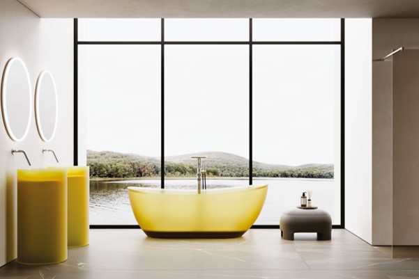 製品詳細：先進素材「クロマライト」を採用した「Vasca」。最高品質の樹脂と顔料が織りなす、至高の質感を持つフリースタンディングバスタブ。