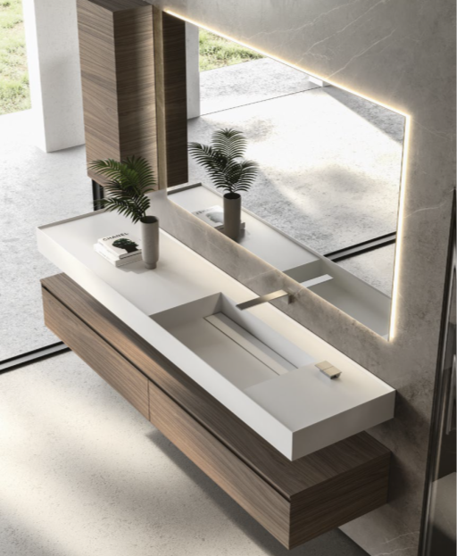 ブランド概略：Ideagroupを代表する「Cubik（クビック）」シリーズ。異素材の組み合わせと、緻密なエッジの仕上げが織りなす、建築的で美しい洗面ファニチャー。