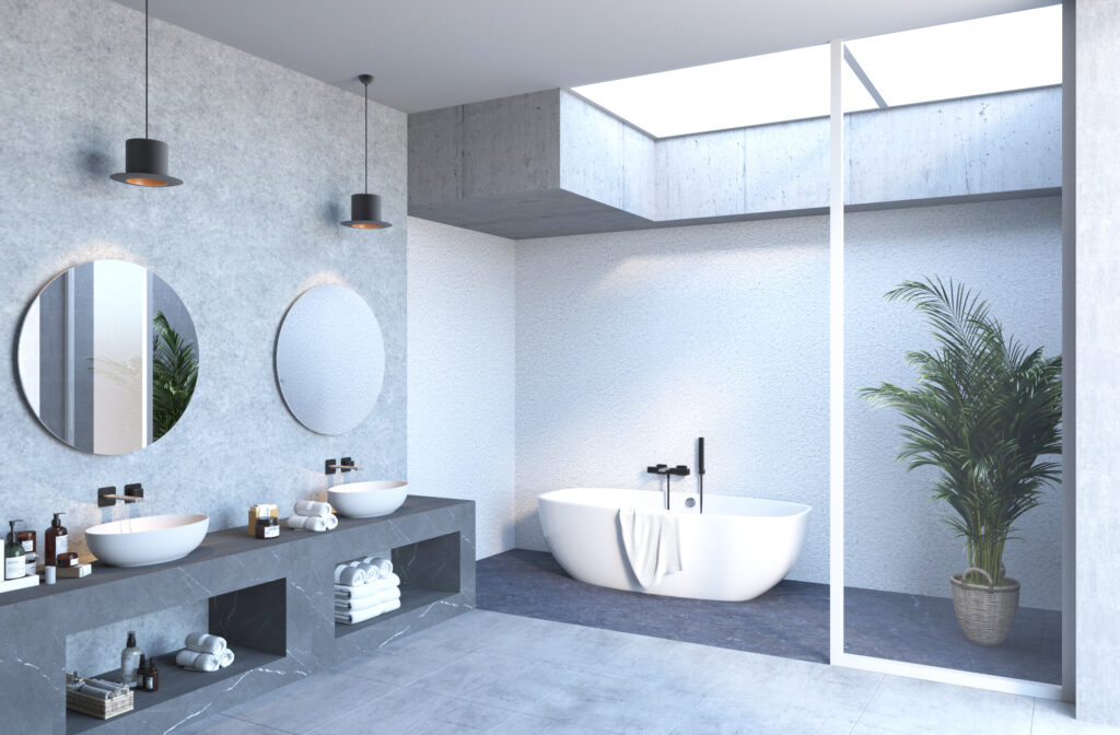 採用実績：先進的なミニマリズムを追求した「One-X」シリーズのバスルーム事例。一切の無駄を削ぎ落としたスリムな造形が、現代的な建築空間に知的な緊張感と美しさをもたらす、モダンシンプルの象徴。