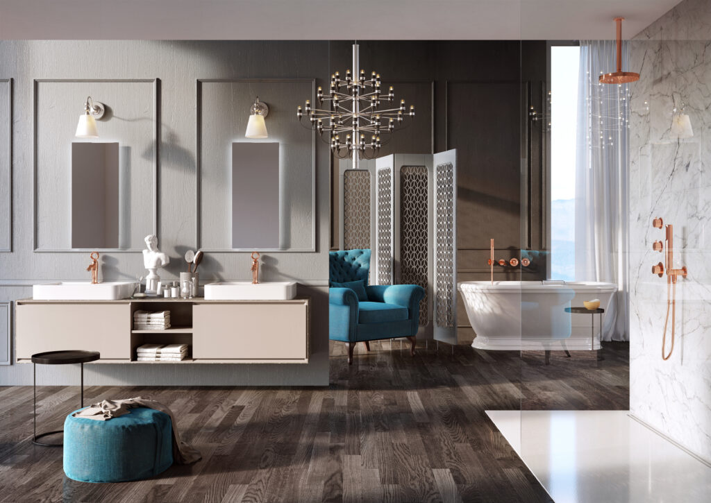 採用実績：伝統的なフォルムを現代的に再解釈した「Opera」シリーズのトータルコーディネート。洗面水栓からバス・シャワーまで、クラシックの優雅さとモダンの洗練が共存する、Webertを代表するデザイン実績。