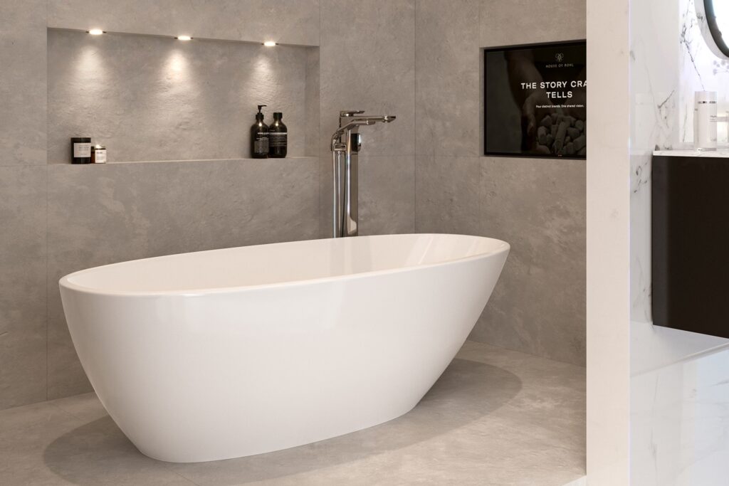 製品詳細：victoria + albertの「モッツァーノ（MOZZANO）」。ミニマルなデザインで、モダンなバスルームに調和する自立型バスタブ。