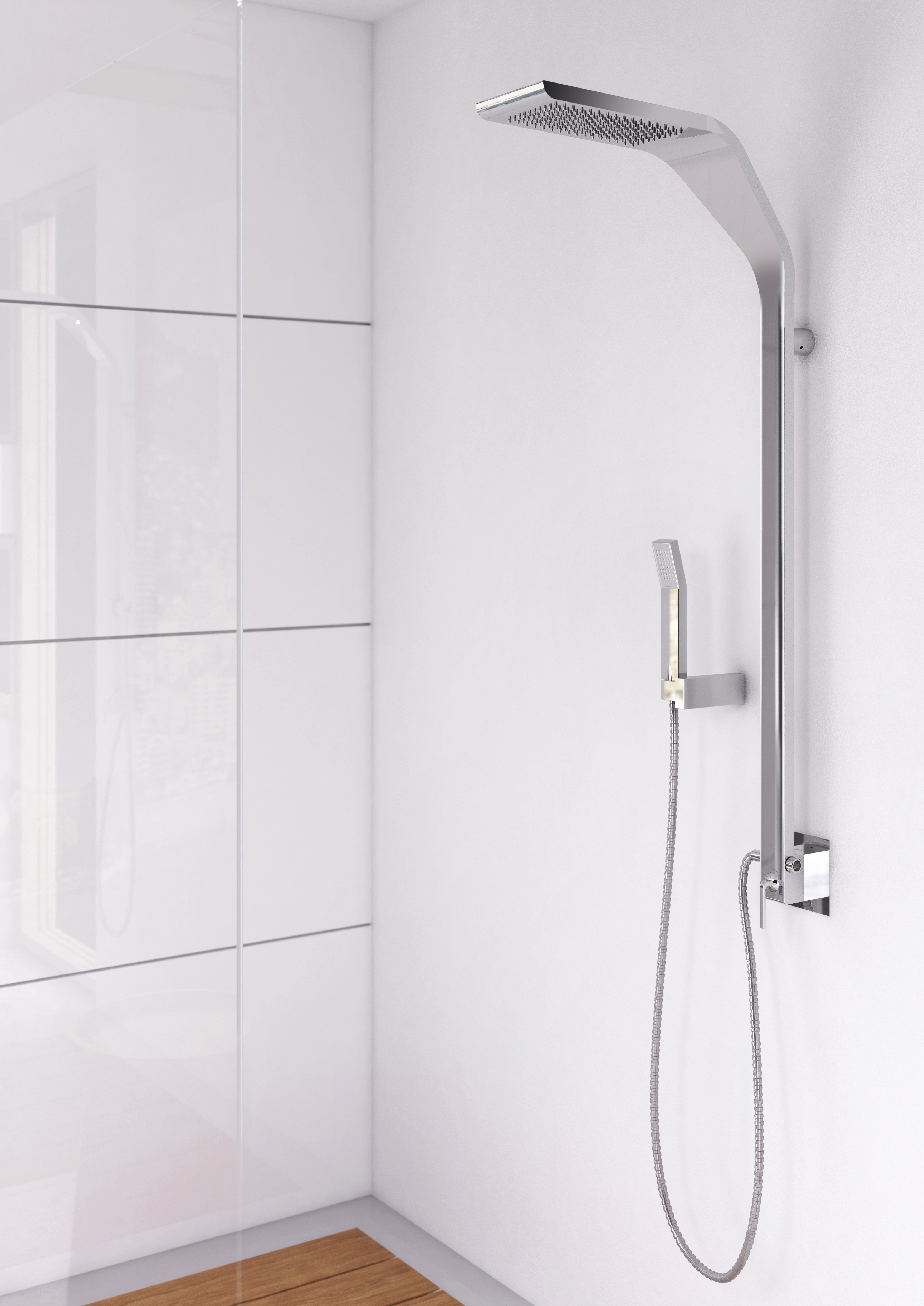 製品詳細：飛行機の翼から着想を得たという説もある、先進的でダイナミックな「WOLO」。クロムやマットブラックの仕上げを選べ、バスルームに圧倒的な個性を放つシャワーシステム。