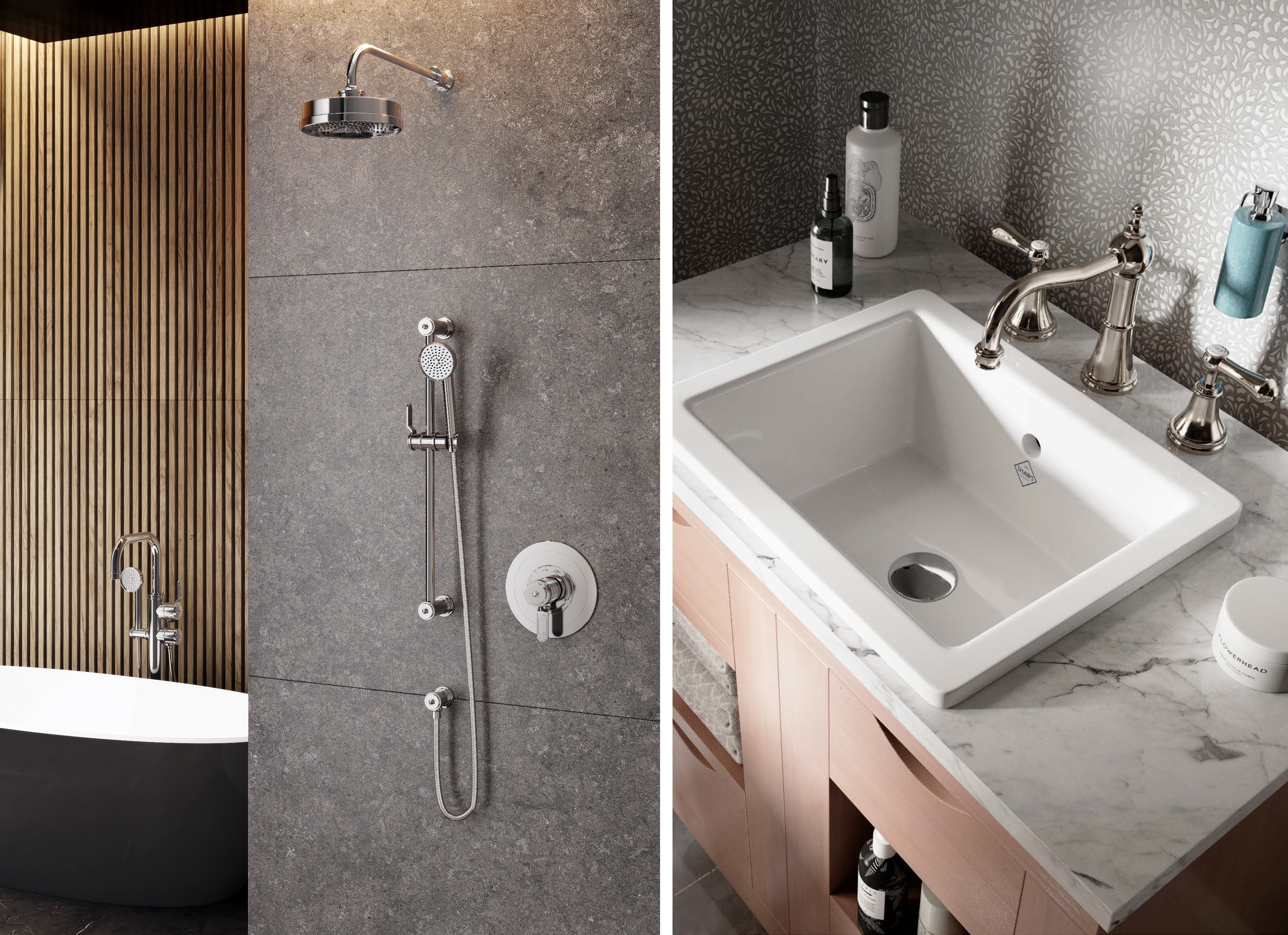 製品展開：インダストリアルな「アームストロング（Armstrong）」シャワーセットと、格調高い「ジョージアン（Georgian）」シリーズの洗面水栓。