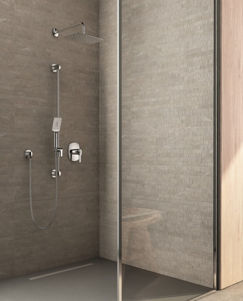 製品詳細：空間に溶け込む薄型のデザインが特徴のVentyシャワーセット。機能美を凝縮した操作部とヘッドが、バスルームにシームレスな一体感を生む。