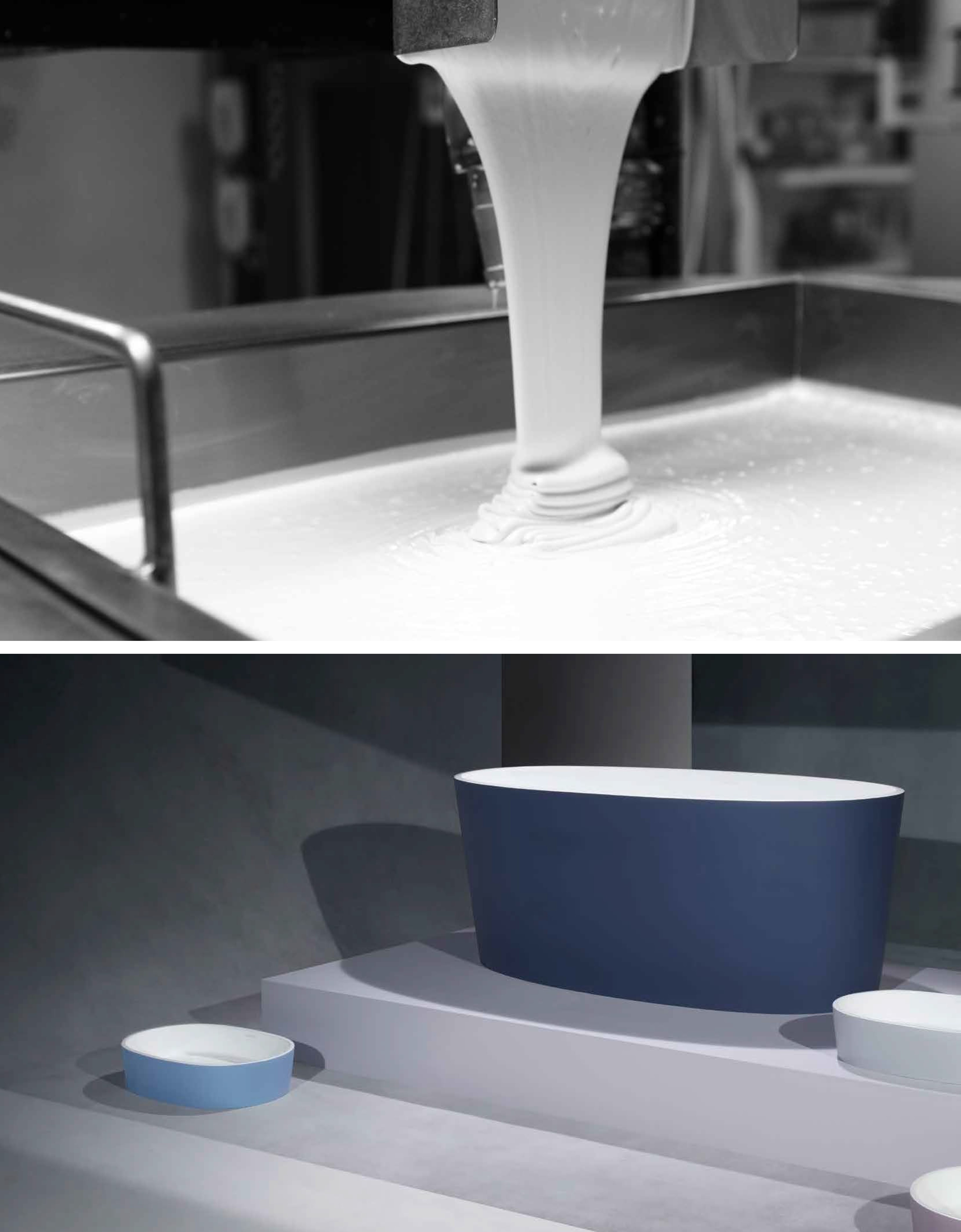 クラフトマンシップ：火山質石灰岩と高品質樹脂からなる独自素材「QUARRYCAST（クアリーキャスト）」と、外装カラーカスタマイズを施したバスタブ・洗面ボウルのバリエーション。