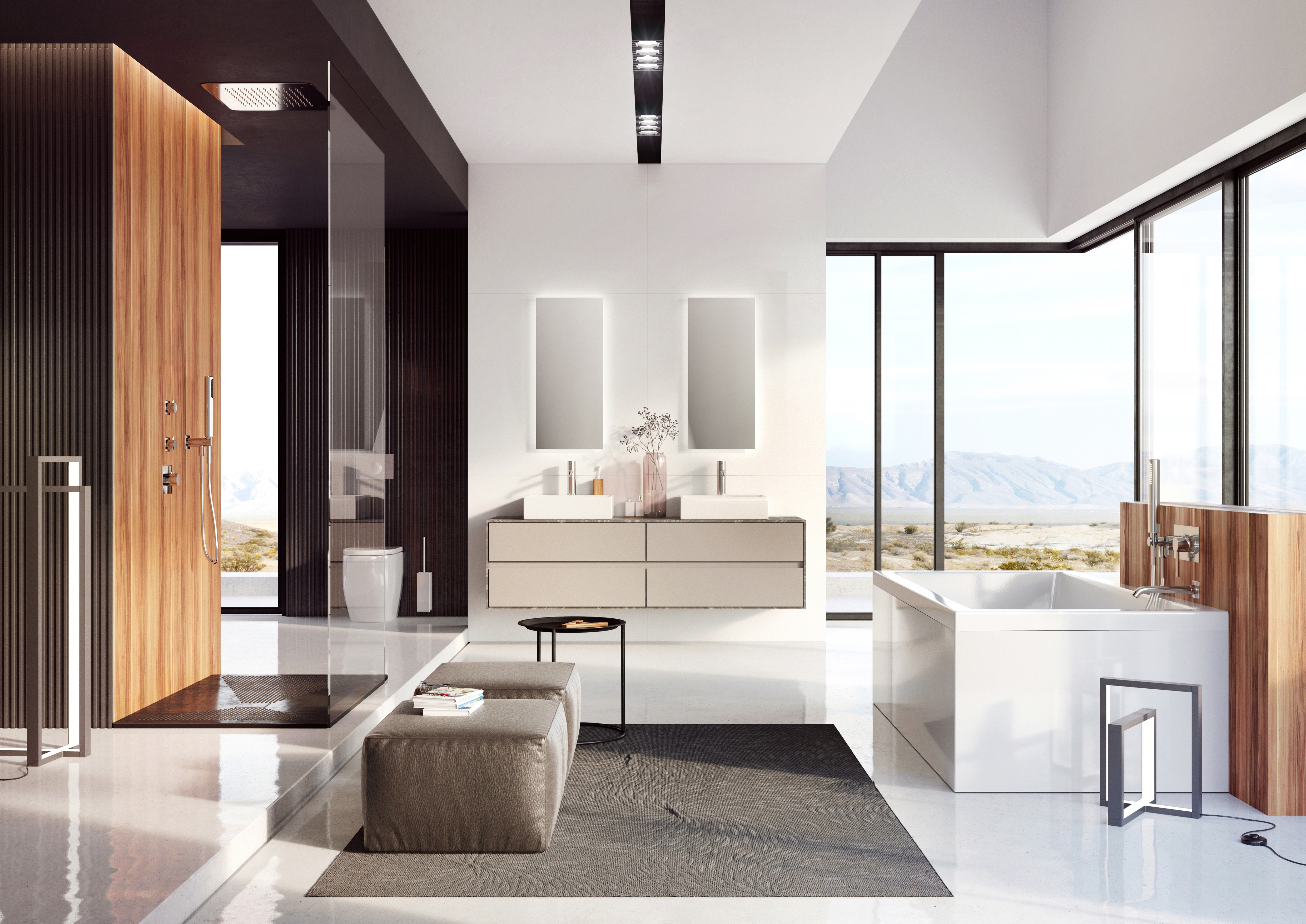 製品展開：円柱をベースにしたシンプルかつ軽快なデザインが特徴の「Elio」。シャワーからバス・洗面まで一貫したスタイルで揃えられ、現代的なサニタリー空間をコストを抑えつつスマートに演出。