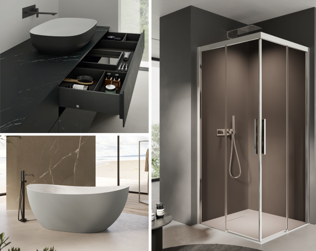 製品展開：AQUAの「Dogma」洗面キャビネット・ユニットに加え、DISENIAの「Focus」シャワールームやグレーの「Seven」バスタブを展開。空間全体を美しく統一するバスルーム・コレクション。