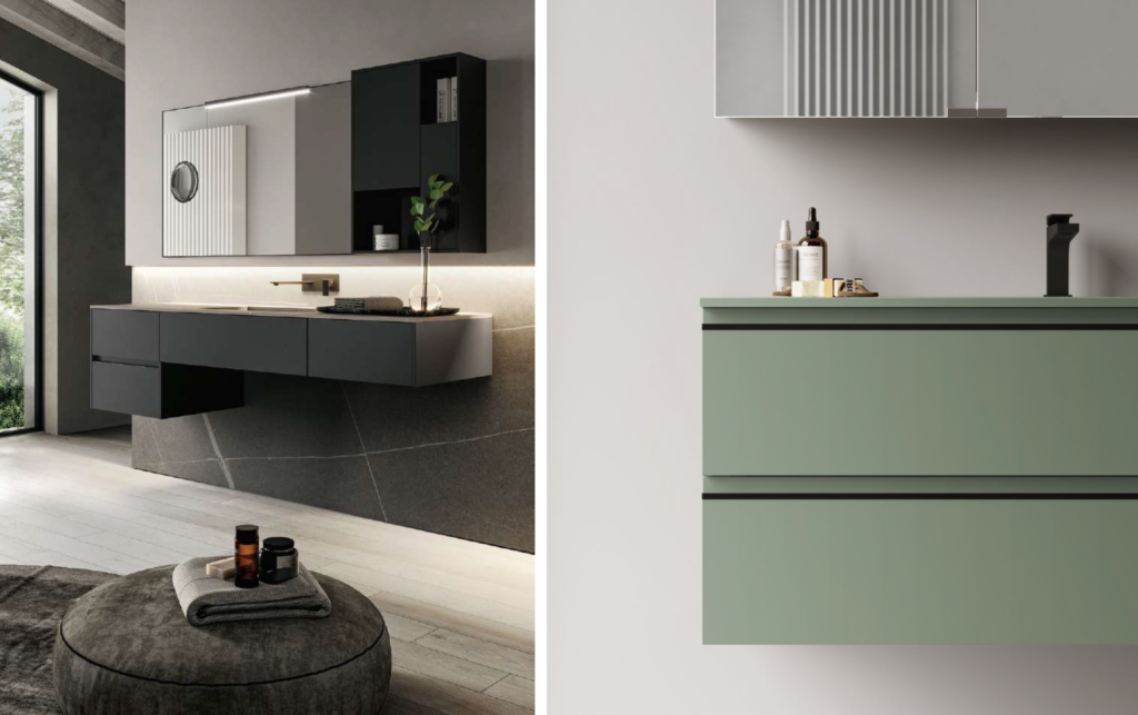 製品展開：AQUAのモダンな「Nyú」シリーズと、BLOBの機能的な「System」シリーズ。ライフスタイルに合わせて選べる多彩な洗面キャビネット・ユニットのバリエーション。