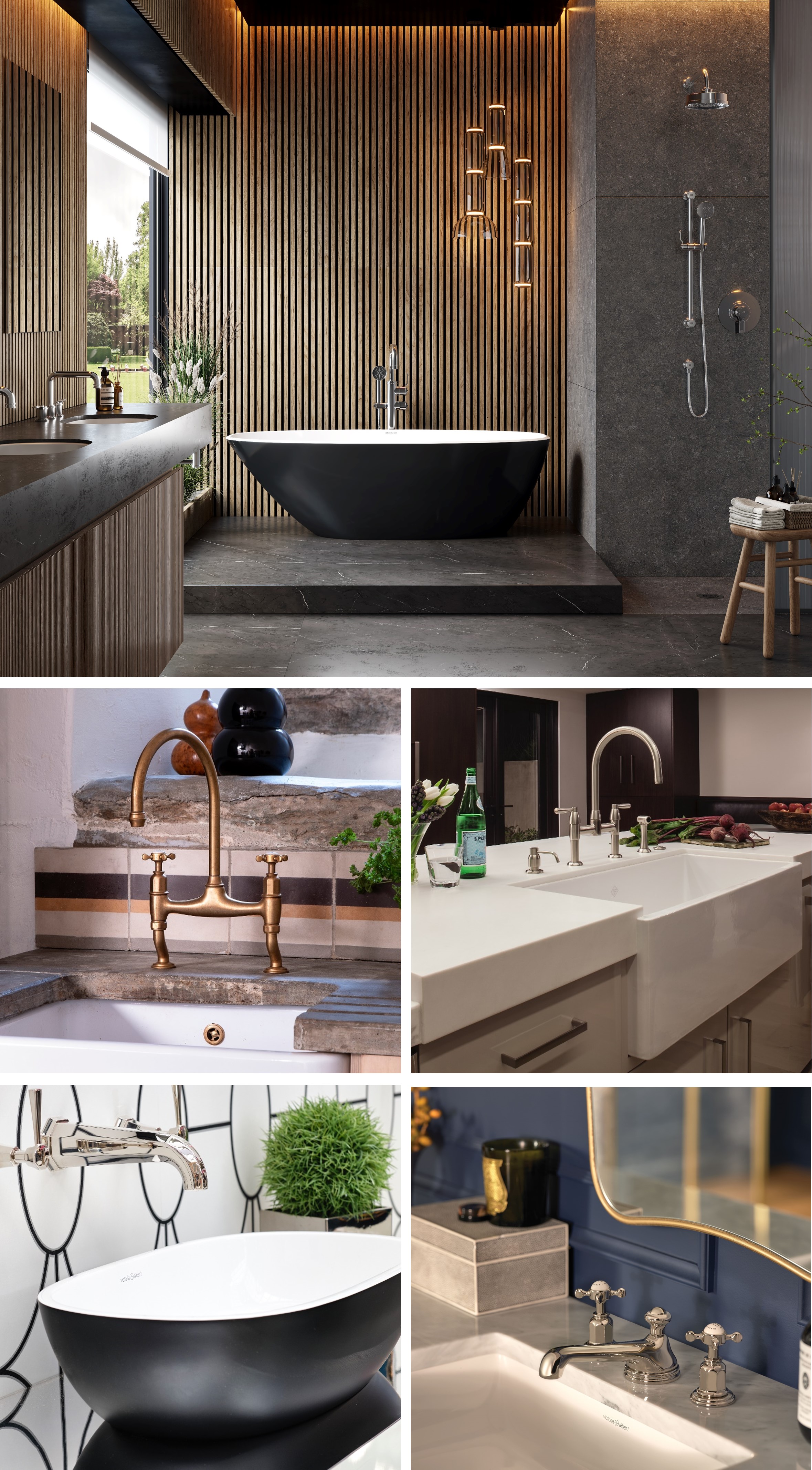 製品展開：Perrin & Roweの伝統的なクラフトマンシップが、victoria + albertやSHAWSの至高の素材と響き合うライフスタイルシーンの集約。Armstrongシリーズの重厚な水栓が彩る彫刻的なバスルーム、陶器シンクと調和する英国様式のキッチン、そして洗練された洗面空間。異素材が織りなす「Tactile Curation」が、住まいに時代を超越した品格をもたらす様子。