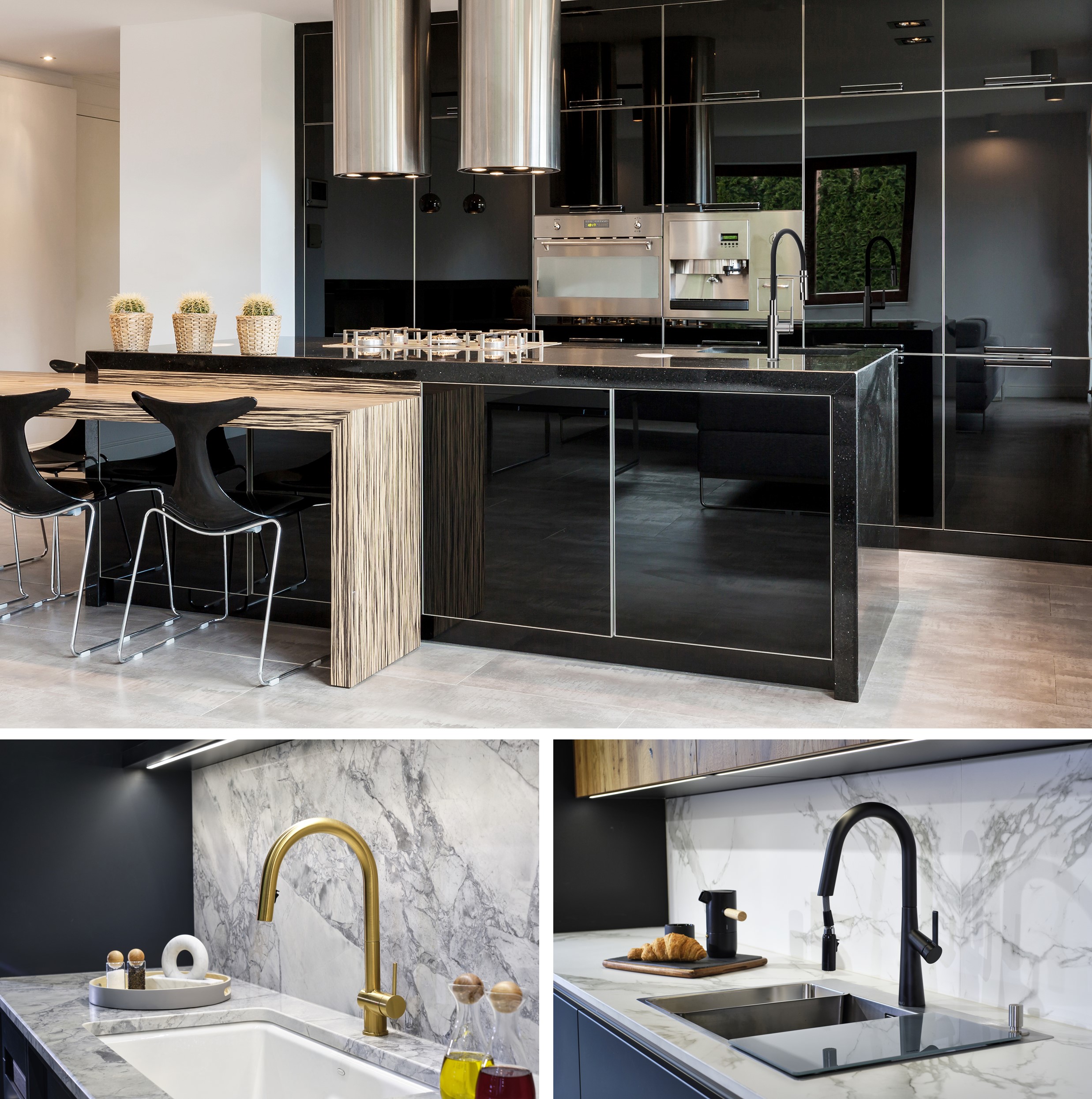 製品展開：Riobelを代表するキッチン水栓「Mythic」「Azure」「Ludik」の設置例。多様なライフスタイルに応える機能美と、エンジニアリングが息づくプロフェッショナルなキッチンシルエットの融合。