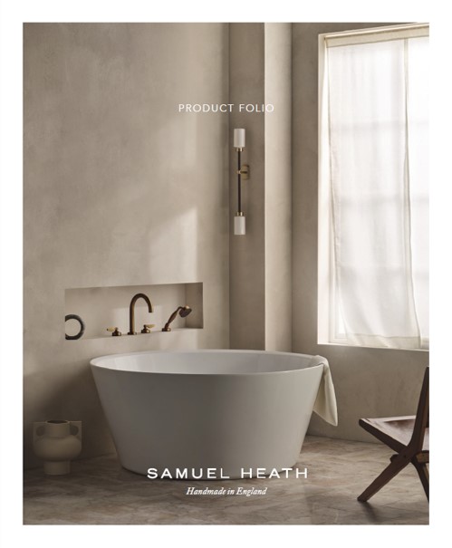 Samuel Heath メインカタログの表紙。精密なローレット加工が施された真鍮製水栓のディテール。