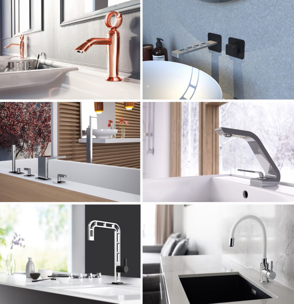 製品展開：独創的な「WOLO」や「Living」の洗面水栓、ミニマルの極致「One-X」の壁付け水栓に加え、機能美溢れる「One-A」「Viper」のキッチン水栓までを網羅。Webertの多彩なデザインバリエーションを象徴するラインナップ。